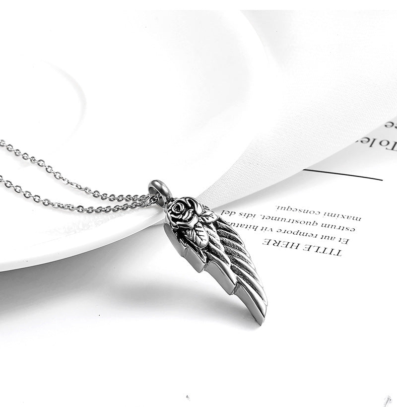 Feather and Rose - The Nevermore Gothic perfume bottle pendant necklace Titanium Steel