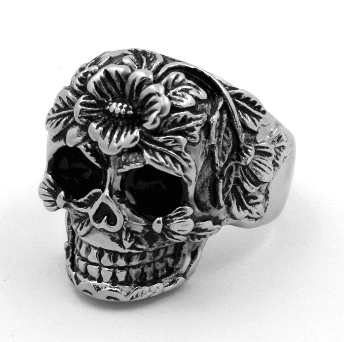 Floral Skull - The Nevermore Gothic Ring Titanium Steel