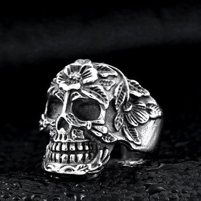 Floral Skull - The Nevermore Gothic Ring Titanium Steel