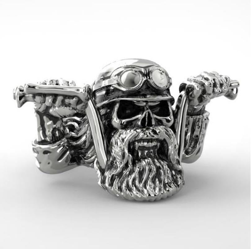 George Flickerwind Bearded Skull Motorcyclist - The Nevermore Gothic Ring