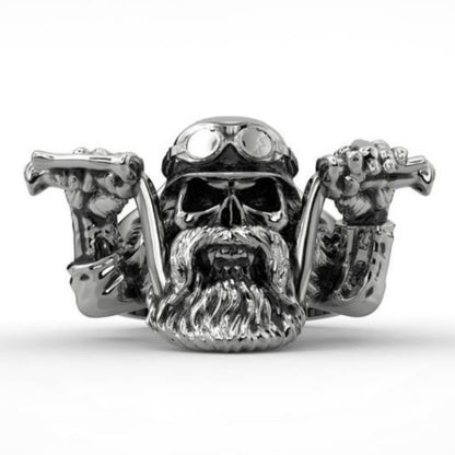 George Flickerwind Bearded Skull Motorcyclist - The Nevermore Gothic Ring