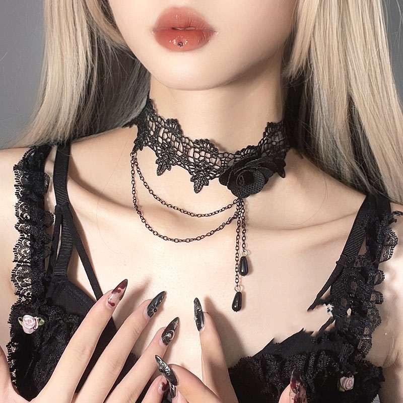 Gothic Black Rose Lace Long Tassel Women's Necklace