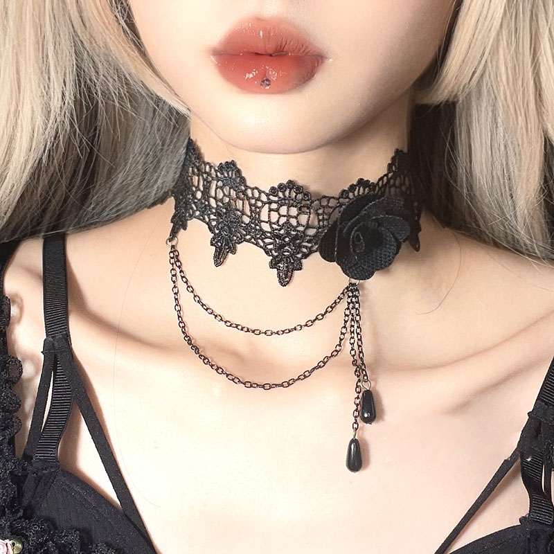 Gothic Black Rose Lace Long Tassel Women's Necklace