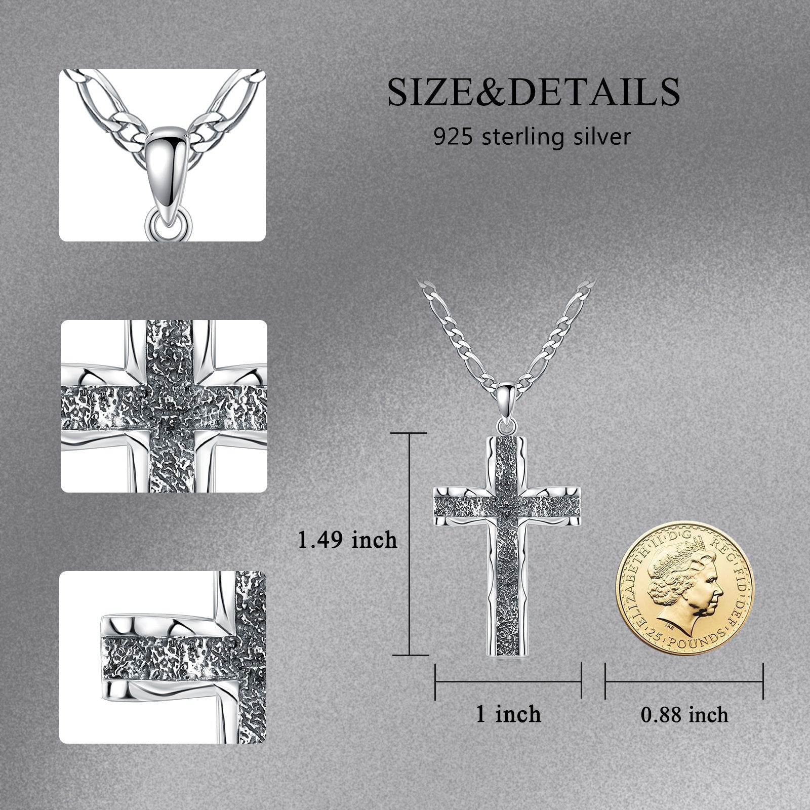 Graceful Cross - The Nevermore 925 Sterling Silver Pendant Necklace with Stainless Steel Figaro Chain