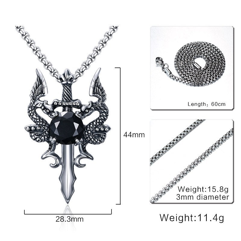 Guardian Drakes - The Nevermore Gothic Stainless Steel Black Zircon Pendant Necklace Dragons