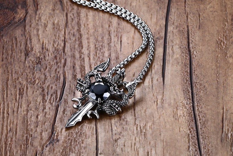 Guardian Drakes - The Nevermore Gothic Stainless Steel Black Zircon Pendant Necklace Dragons