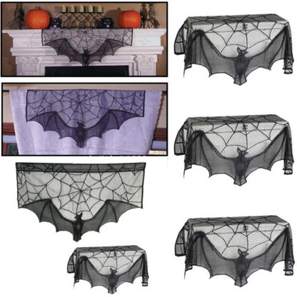 Halloween black spider web bat lace curtain - The Nevermore Gothic Home Decor