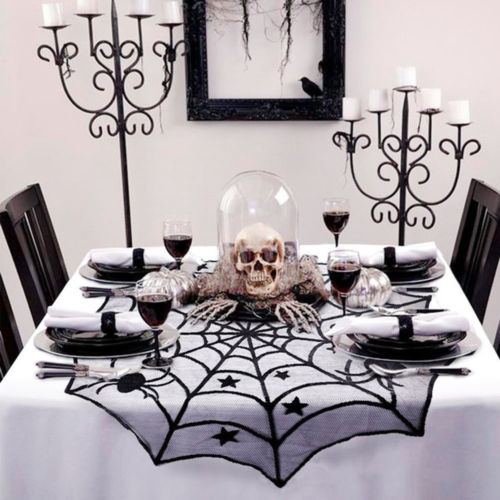 Halloween black spider web bat lace curtain - The Nevermore Gothic Home Decor