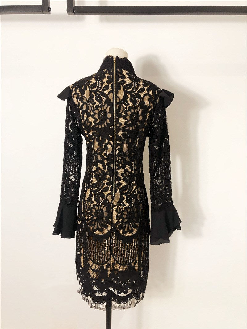 Ivory Mortis - The Nevermore Gothic Lace dress with stand-up collar and flared sleeves