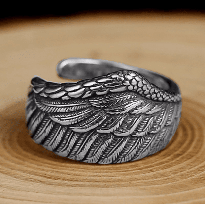 Lucian Starfall - The Nevermore Gothic S925 Sterling Silver Men Ring Adjustable Eagle Wing Feather Retro