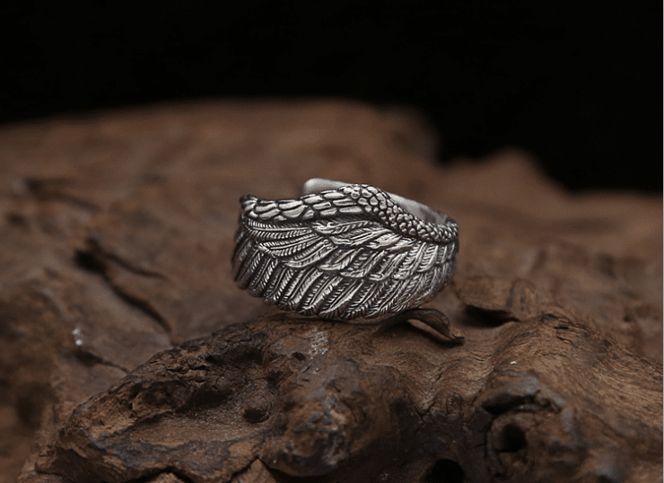 Lucian Starfall - The Nevermore Gothic S925 Sterling Silver Men Ring Adjustable Eagle Wing Feather Retro