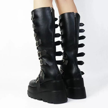 Luna Spectra - The Nevermore Gothic Metal Buckle With Platform High Leg Boots