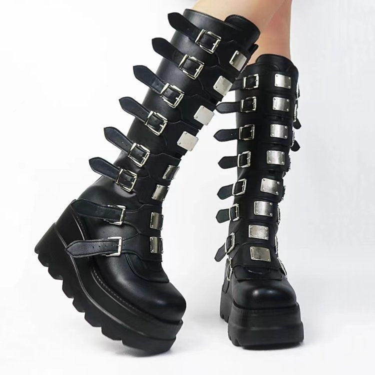 Luna Spectra - The Nevermore Gothic Metal Buckle With Platform High Leg Boots