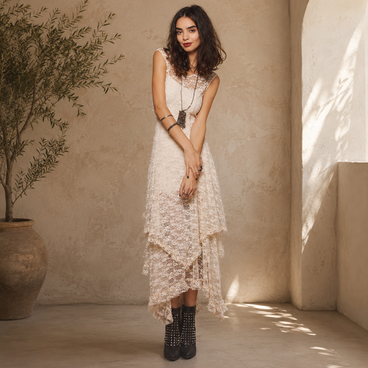 Woman in a lace dress standing in a sunlit room with a plant and textured wall.