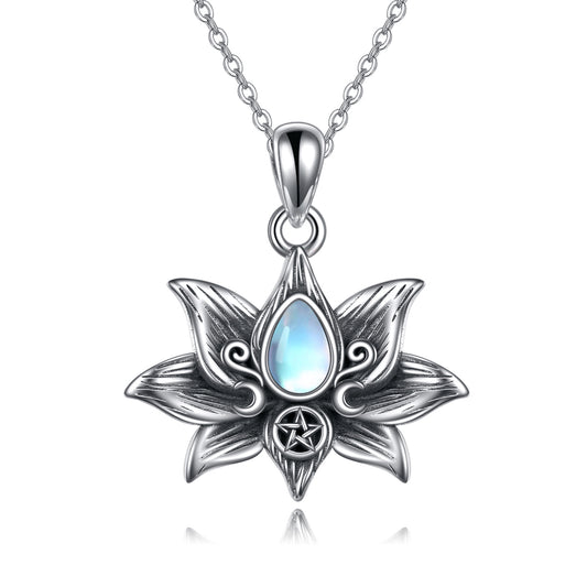 Moonstone Lotus Flower - The Nevermore Gothic Pendant Necklace 925 Sterling Silver