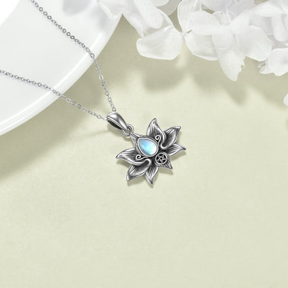 Moonstone Lotus Flower - The Nevermore Gothic Pendant Necklace 925 Sterling Silver