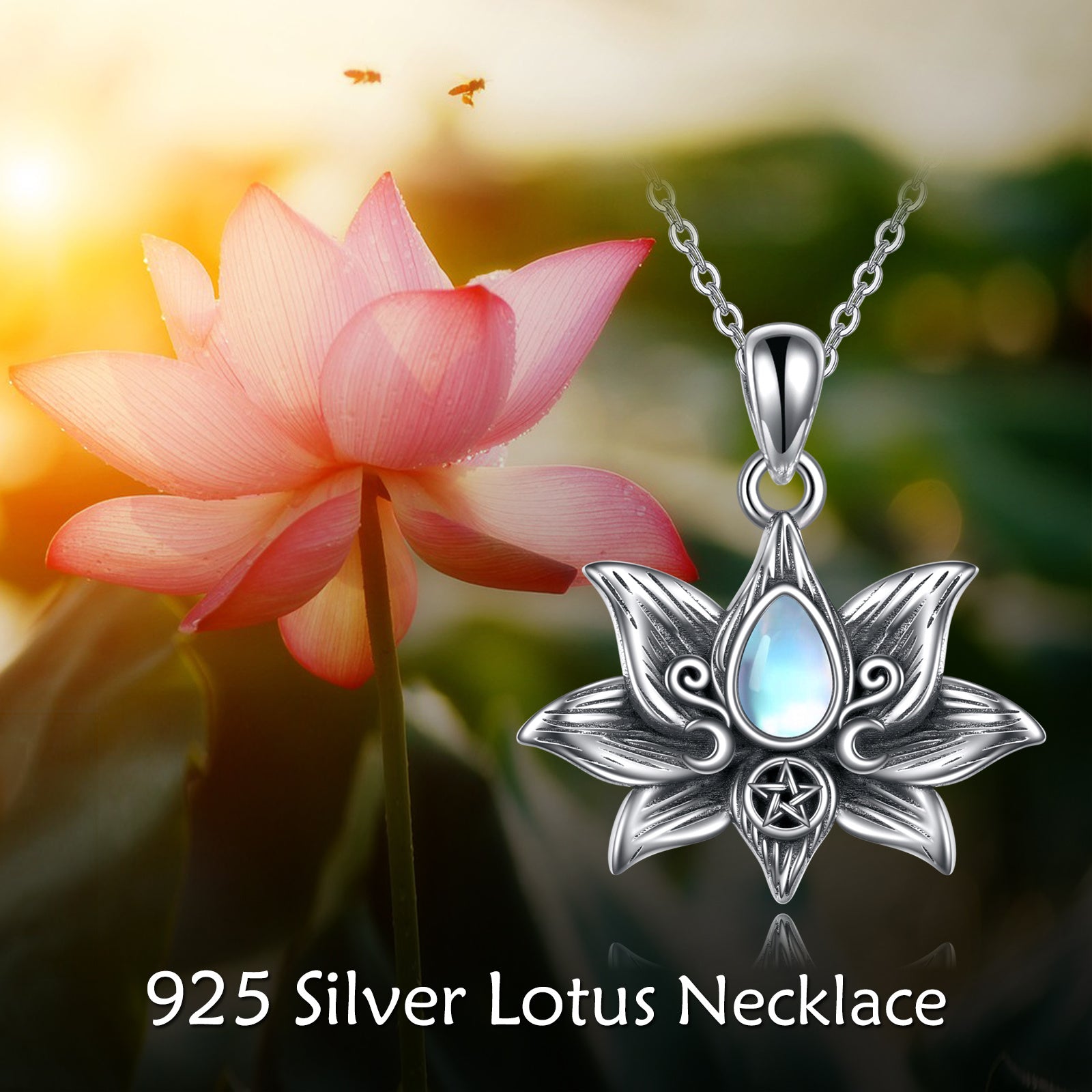 Moonstone Lotus Flower - The Nevermore Gothic Pendant Necklace 925 Sterling Silver