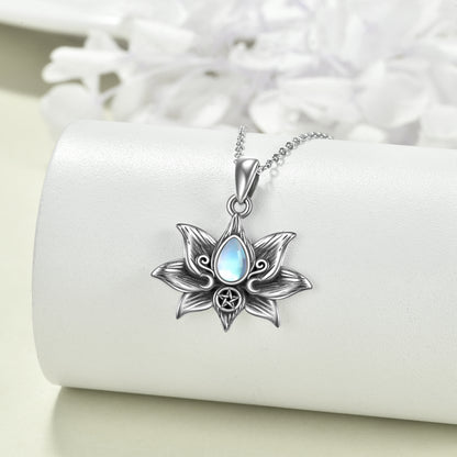 Moonstone Lotus Flower - The Nevermore Gothic Pendant Necklace 925 Sterling Silver