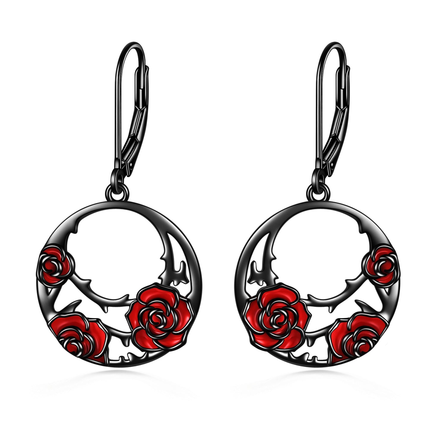 The earrings are made from high-quality sterling silver, which ensures that they will last for a long time and maintain their shine and beauty. The red rose design is intricately detailed and adds a touch of elegance to the overall gothic look of the earrings.