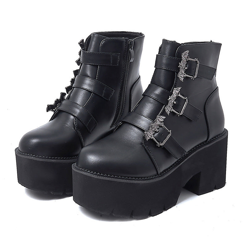 Nefarious - The Nevermore Gothic Leather Thick High-heeled Short Boots With Platform Bat Buckle