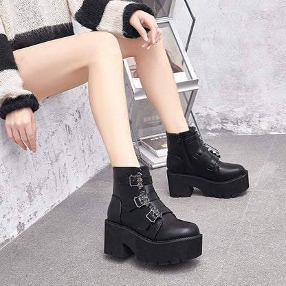 Nefarious - The Nevermore Gothic Leather Thick High-heeled Short Boots With Platform Bat Buckle