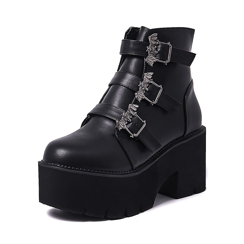 Nefarious - The Nevermore Gothic Leather Thick High-heeled Short Boots With Platform Bat Buckle