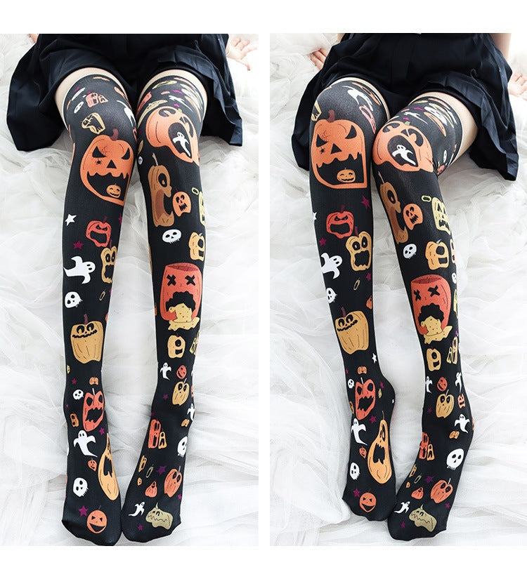 Nocturnelle - The Nevermore Gothic Socks Halloween Pumpkin Print Over The Knee