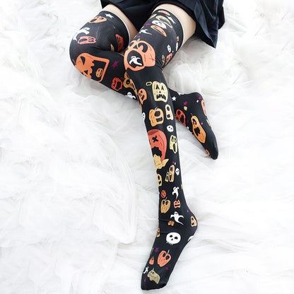 Nocturnelle - The Nevermore Gothic Socks Halloween Pumpkin Print Over The Knee