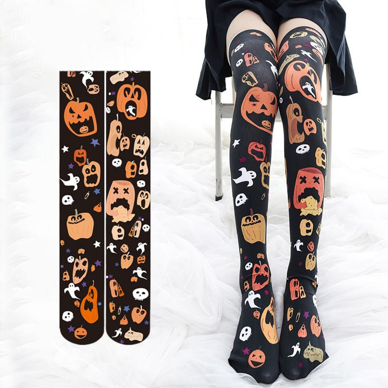 Nocturnelle - The Nevermore Gothic Socks Halloween Pumpkin Print Over The Knee