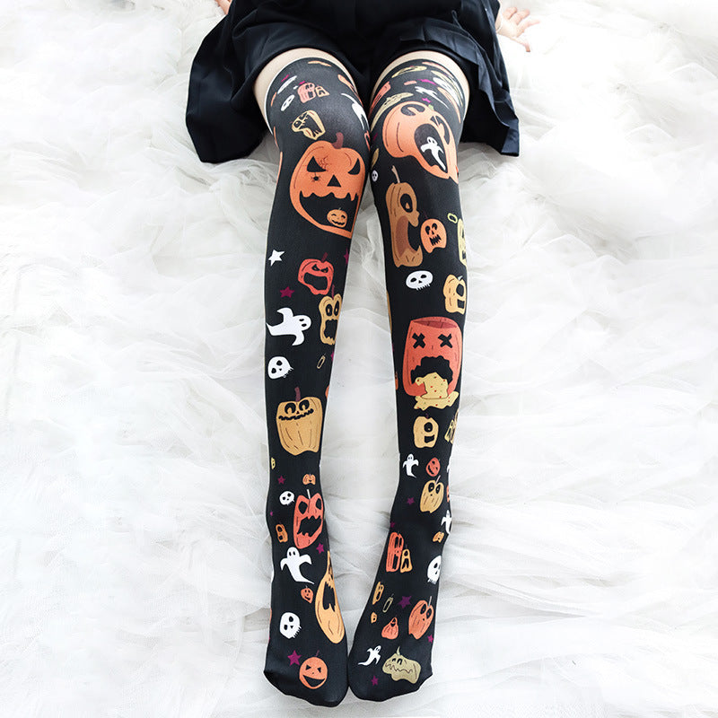 Nocturnelle - The Nevermore Gothic Socks Halloween Pumpkin Print Over The Knee