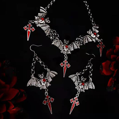 Penelope Brasswings - The Nevermore Set Pendant & Earrings Bat and Cross