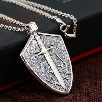 Power In Safety - The Nevermore Gothic Sword And Shield Pendant Silver for Men