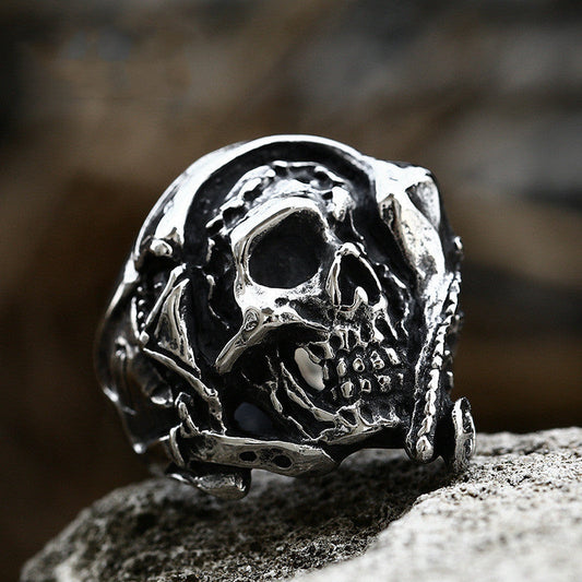 Protected Skull - The Nevermore Gothic Ring Titanium Steel