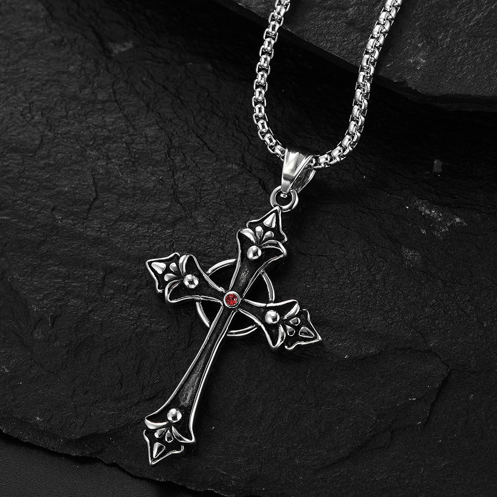 Red Crystal Cross The Nevermore Gothic Titanium Steel Pendant Necklace