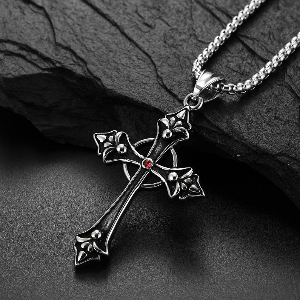 Red Crystal Cross The Nevermore Gothic Titanium Steel Pendant Necklace