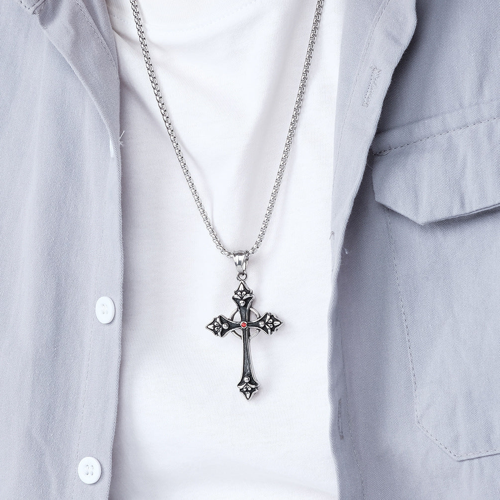 Red Crystal Cross The Nevermore Gothic Titanium Steel Pendant Necklace