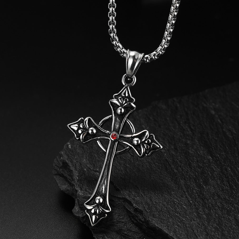 Red Crystal Cross The Nevermore Gothic Titanium Steel Pendant Necklace