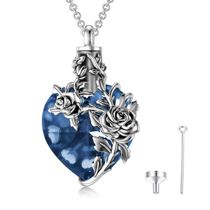 Rose Flower on Crystal Heart Urn - The Nevermore Sterling Silver Pendant Necklace For Women