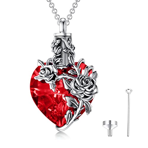 Rose Flower on Crystal Heart Urn - The Nevermore Sterling Silver Pendant Necklace For Women