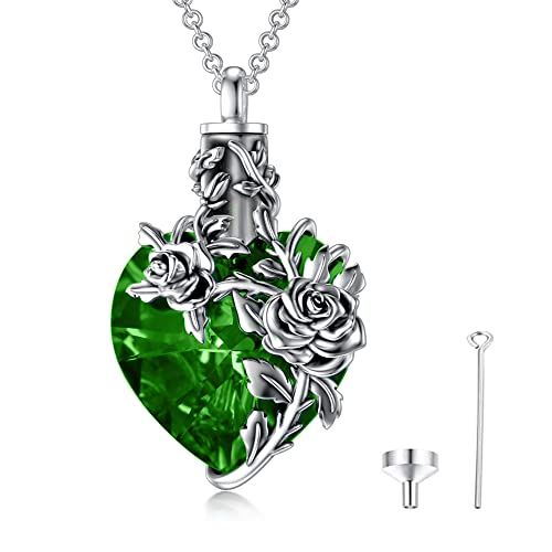 Rose Flower on Crystal Heart Urn - The Nevermore Sterling Silver Pendant Necklace For Women