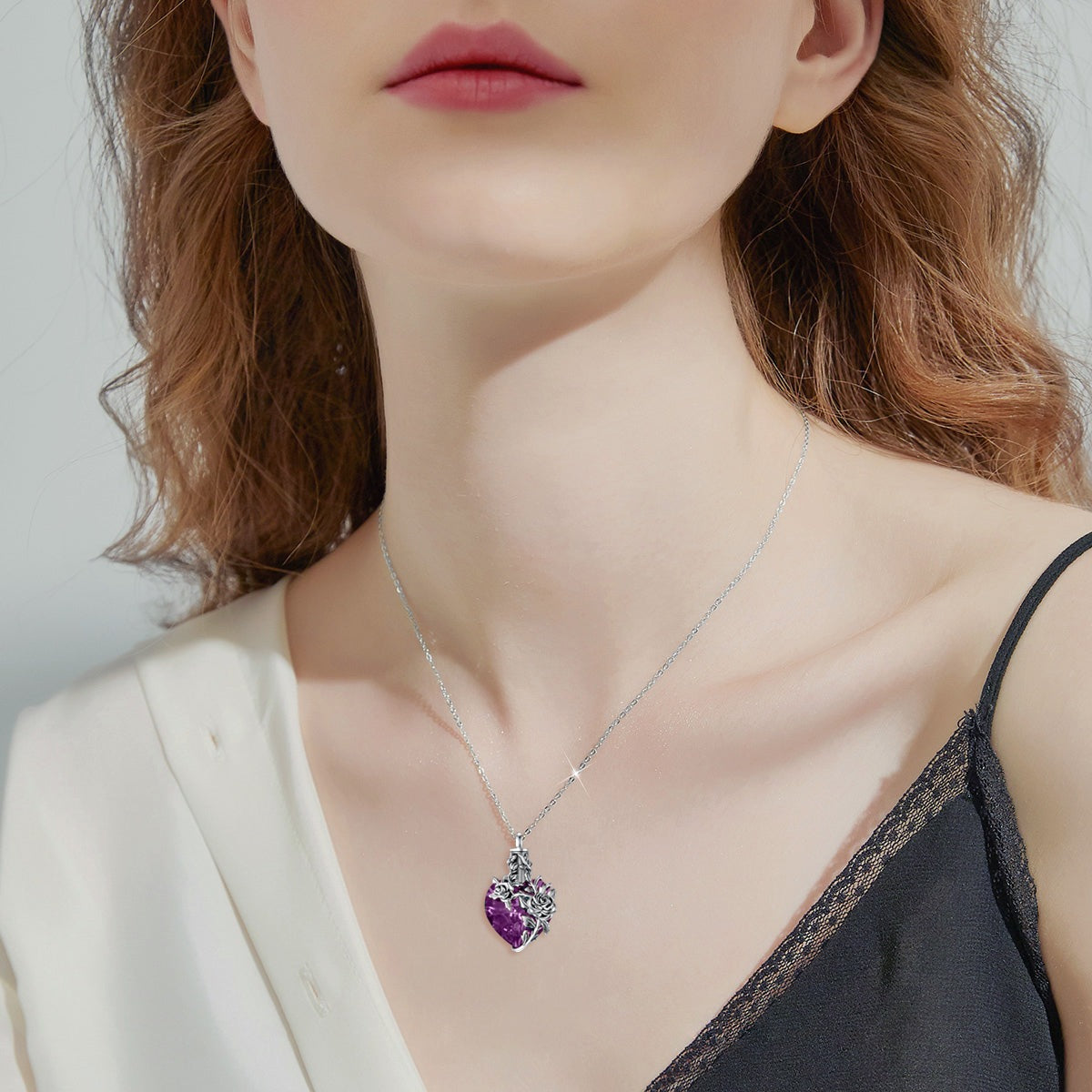 Rose Flower on Crystal Heart Urn - The Nevermore Sterling Silver Pendant Necklace For Women