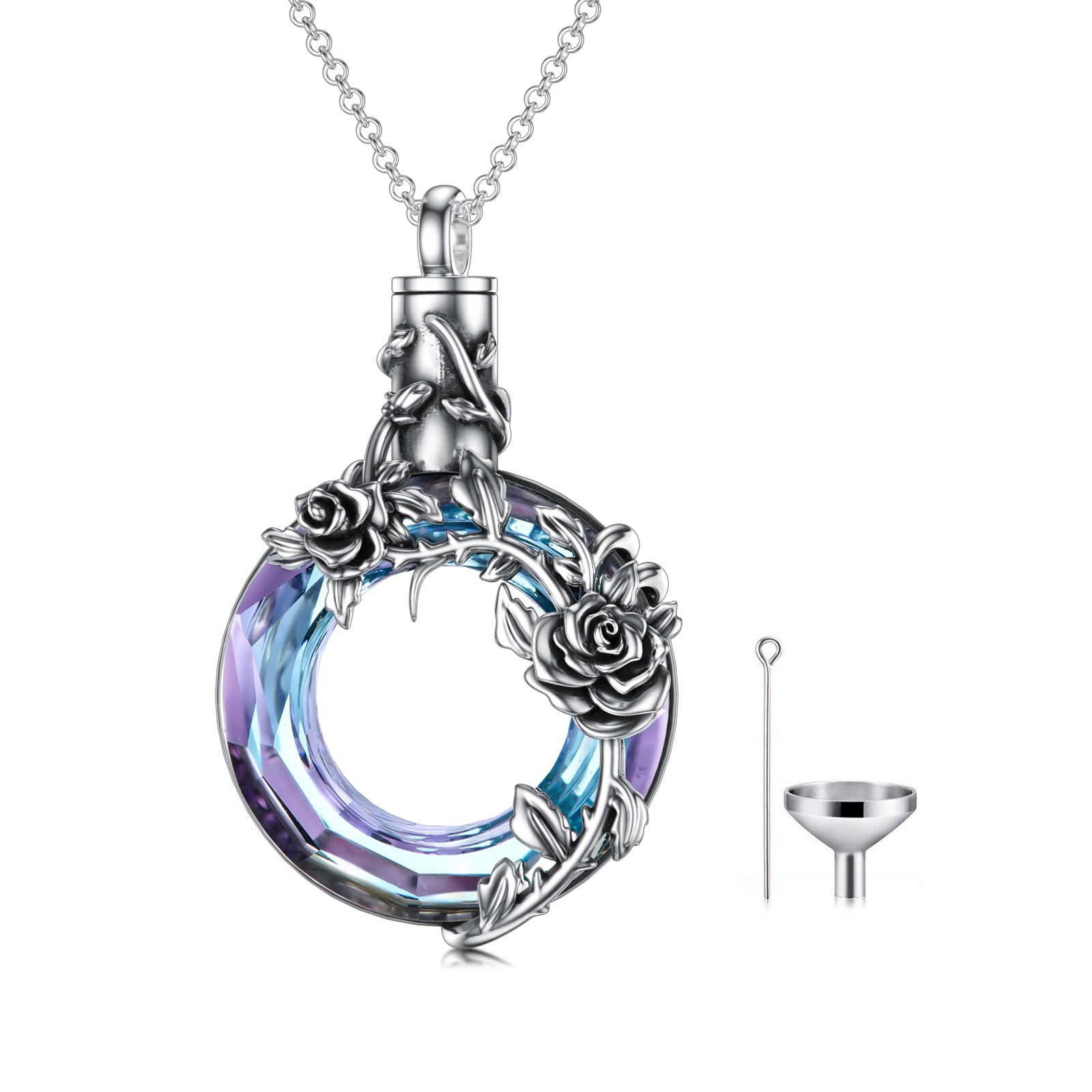 Rose Flower on Crystal Heart Urn - The Nevermore Sterling Silver Pendant Necklace For Women