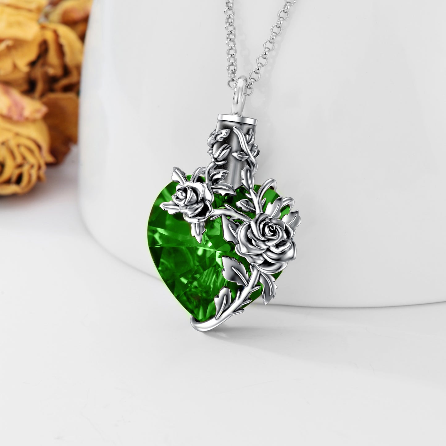 Rose Flower on Crystal Heart Urn - The Nevermore Sterling Silver Pendant Necklace For Women