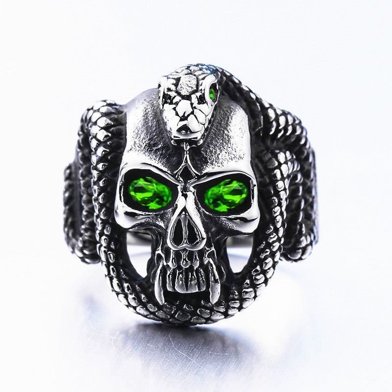 Serpent Sovereign Gaze on Skull - The Nevermore Gothic Ring Stainless steel