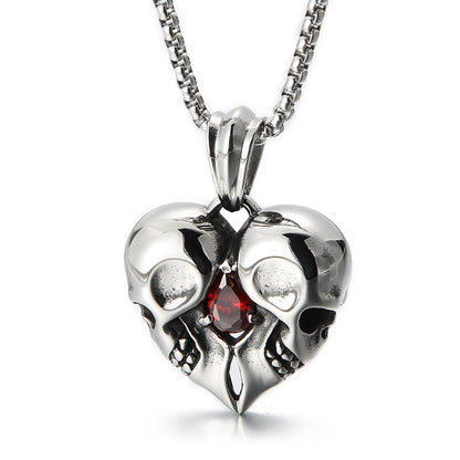 Skull Couple Heart Shape With Red Zircon - The Nevermore Gothic Pendant Titanium Steel