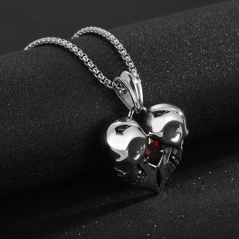 Skull Couple Heart Shape With Red Zircon - The Nevermore Gothic Pendant Titanium Steel