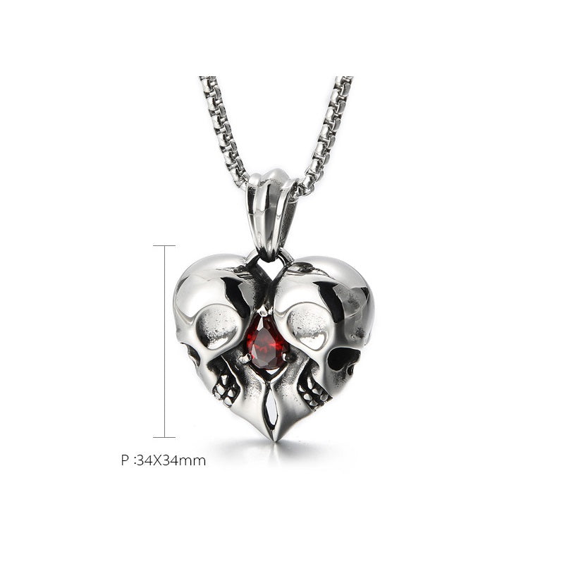 Skull Couple Heart Shape With Red Zircon - The Nevermore Gothic Pendant Titanium Steel