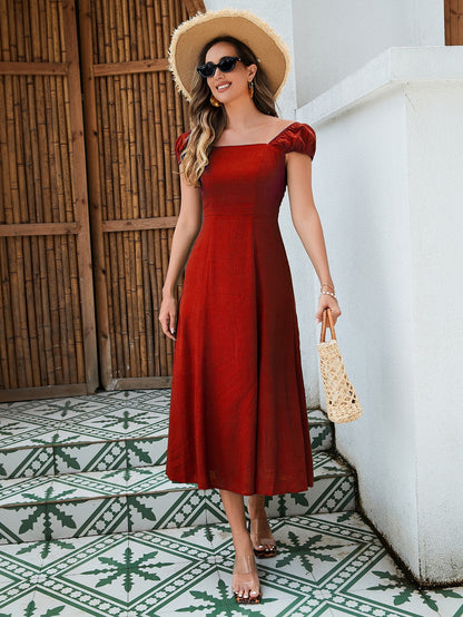 SunBreeze Off-Shoulder Midi Dress - Split Hem Linen by The Nevermore