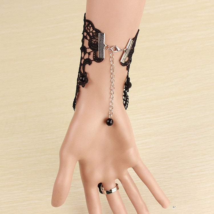 The Nevermore Gloves - Black Lace Bracelet Band Ring Integrated Chain