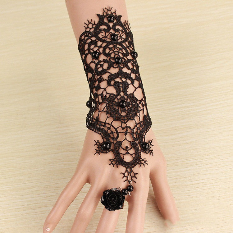 The Nevermore Gloves - Black Lace Bracelet Band Ring Integrated Chain